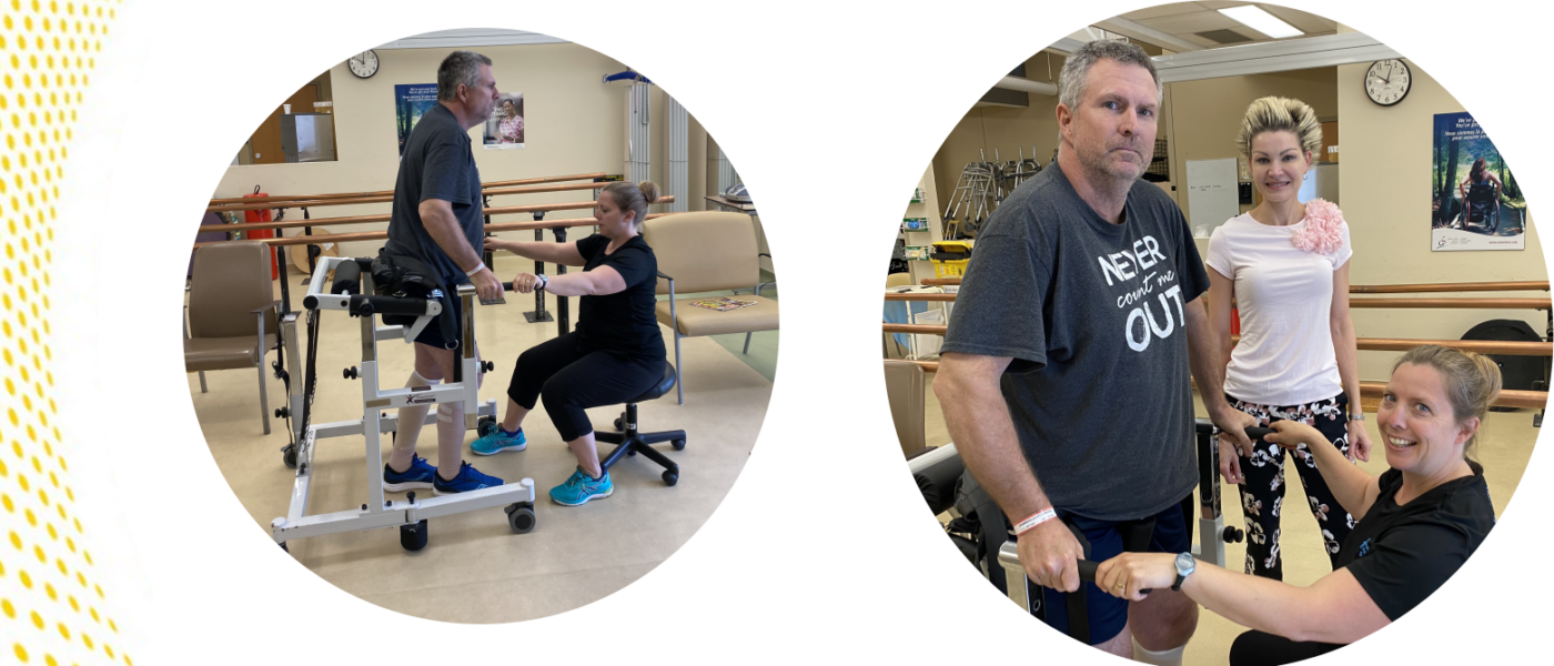 Patient with spinal cord injury undergoing locomotive training with help from others and devices