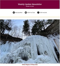 Weekly Update Newsletter cover page of a frozen waterfalls