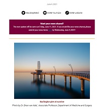Weekly Update Newsletter cover page of a dock at sunset