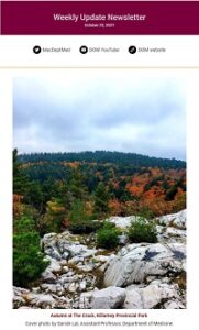 Weekly Update Newsletter cover page of a rocky and forest landscape 