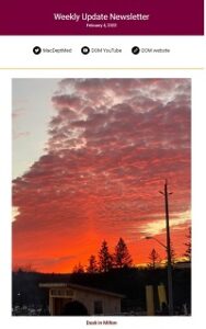 Weekly Update Newsletter cover page of a red cloudy sky