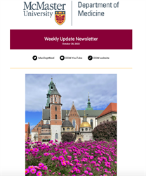 Weekly Update Newsletter cover page of pink flowers in front of old buildings