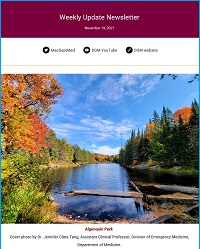 Weekly Update Newsletter cover page of a lake with trees surrounding it